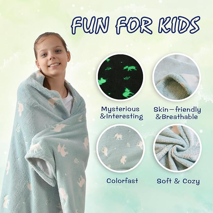 SOCHOW Glow in The Dark Throw Blanket 60 x 80 Inches, Elephant Pattern Soft Cozy Flannel Fleece Blanket for Daughters Sons, All Seasons Green Presents Blanket for Preteens Teens