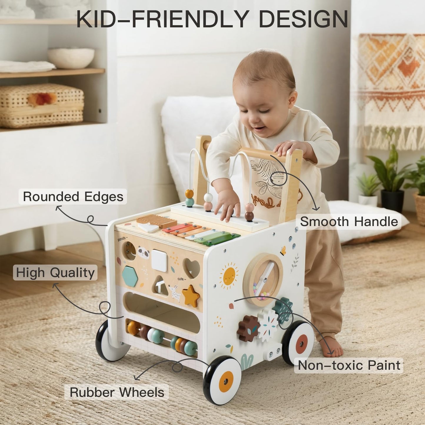 PTINFLUCE Wooden Baby Walker, Activity Cube Push Walker for Boys and Girls, Toddler Montessori Learning to Walk Toy with Adjustable Speed
