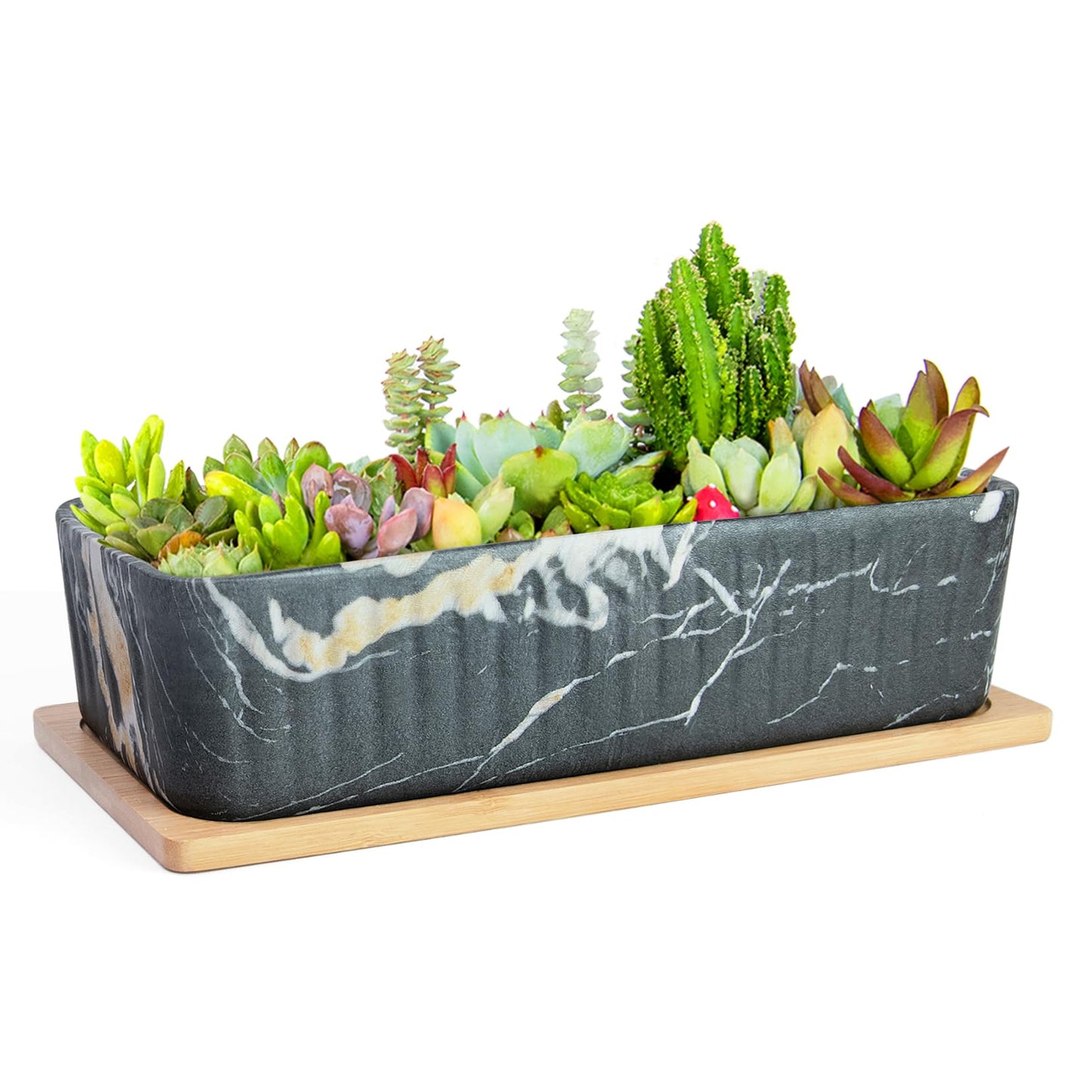 ARTKETTY Succulent Pots, Large Shallow Rectangle Planters with Drainage Tray, 12 Inch Long Window Sill Planter for Indoor Cactus Bonsai Plants, Ceramic Marble Window Box Planter Home Office Decor