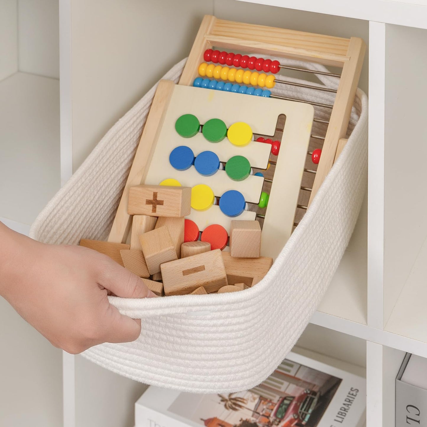 CubesLand Cute and Durable Small Cotton Rope Basket for Organizing, Woven Closet Storage Bin,Shelves Closet Storage Basket, Bathroom Storage Organizer Bin, Nursery Toy Basket Bin, White Basket