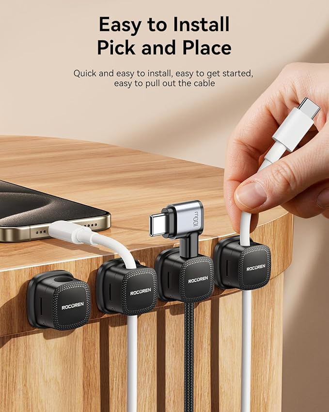 30-Pack Magnetic Cable Clips Cord Organizer,Cable Straps Smooth Adjustable,Rocoren Cable Management Accessories,Cable Holder Clips Wire Holder Keeper for Desktop,Nightstand,Home Office,Workspace,Phone