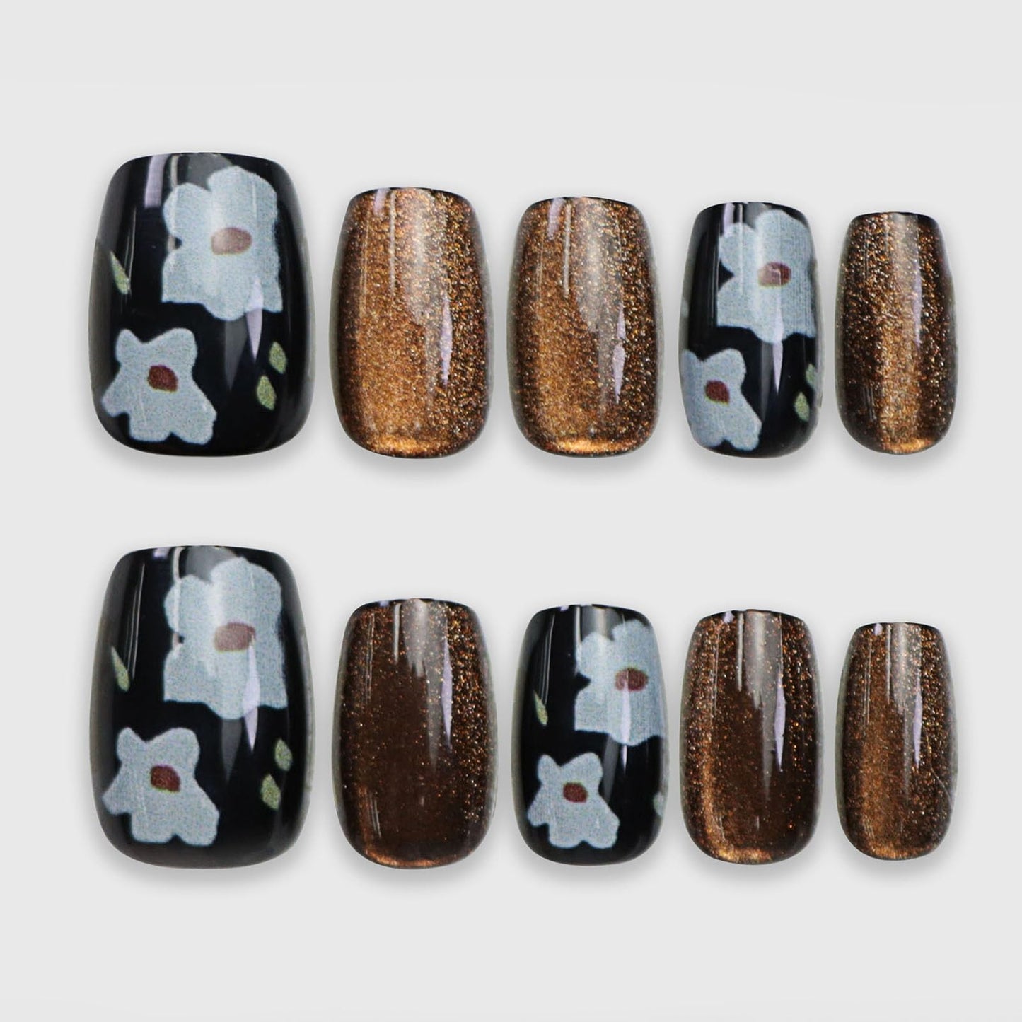 Coffin Press on Nails Short Fake Nails Brown Black Nails Press ons with Glod Glitter White Flower Deign Glossy Short Coffin Acrylic Artificial Stick on Nail for Women 24Pcs