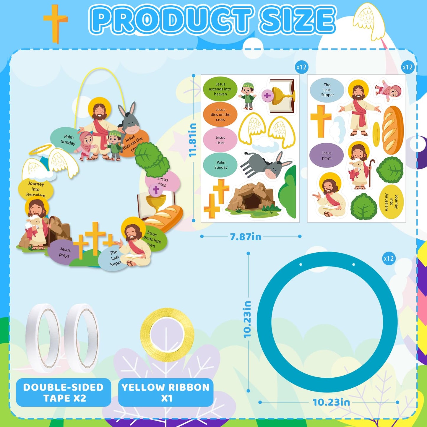 PAIVSUN 12Pcs Easter Wreath Craft Kits, DIY Holy Week Christian Wreath Hanging Ornaments, Make Your Own Religious Paper Arts Craft for Sunday Party Favors Home Activities Front Door Decor