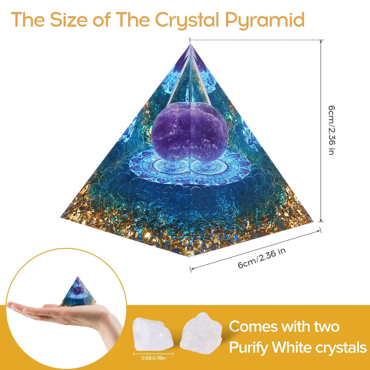 Hopeseed Orgone Pyramid for Positive Energy, Orgonite Natural Amethyst&Aquamarine Healing Crystals Pyramid for Reduce Stress Chakra Reiki Healing Meditation Cleanses the Mind and Boosts Confidence