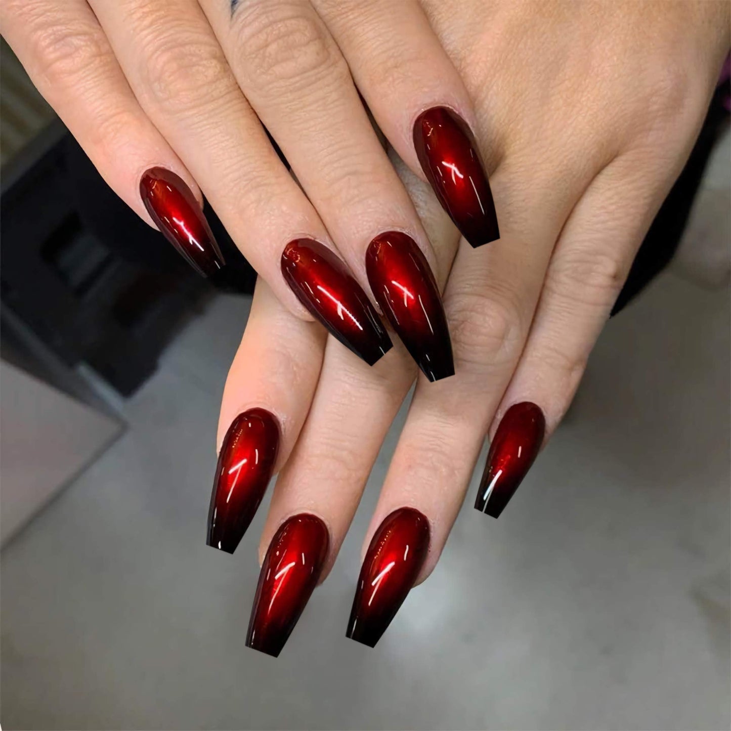 MISUD Press on Nails - Long Coffin Glue on Nails with Goth Black Red, Acrylic Gothic Vampire Design 24 pcs