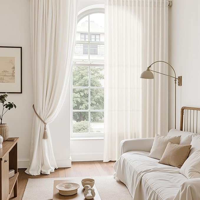 Nanspring Modern Linen Curtains 96 Inches Long for Living Room Light Filtering Semi Sheer Curtain Back Tab Neutral Luxury Modern Farmhouse Decor Linen Blend Drapes for Bedroom 52x96, 2 Panels