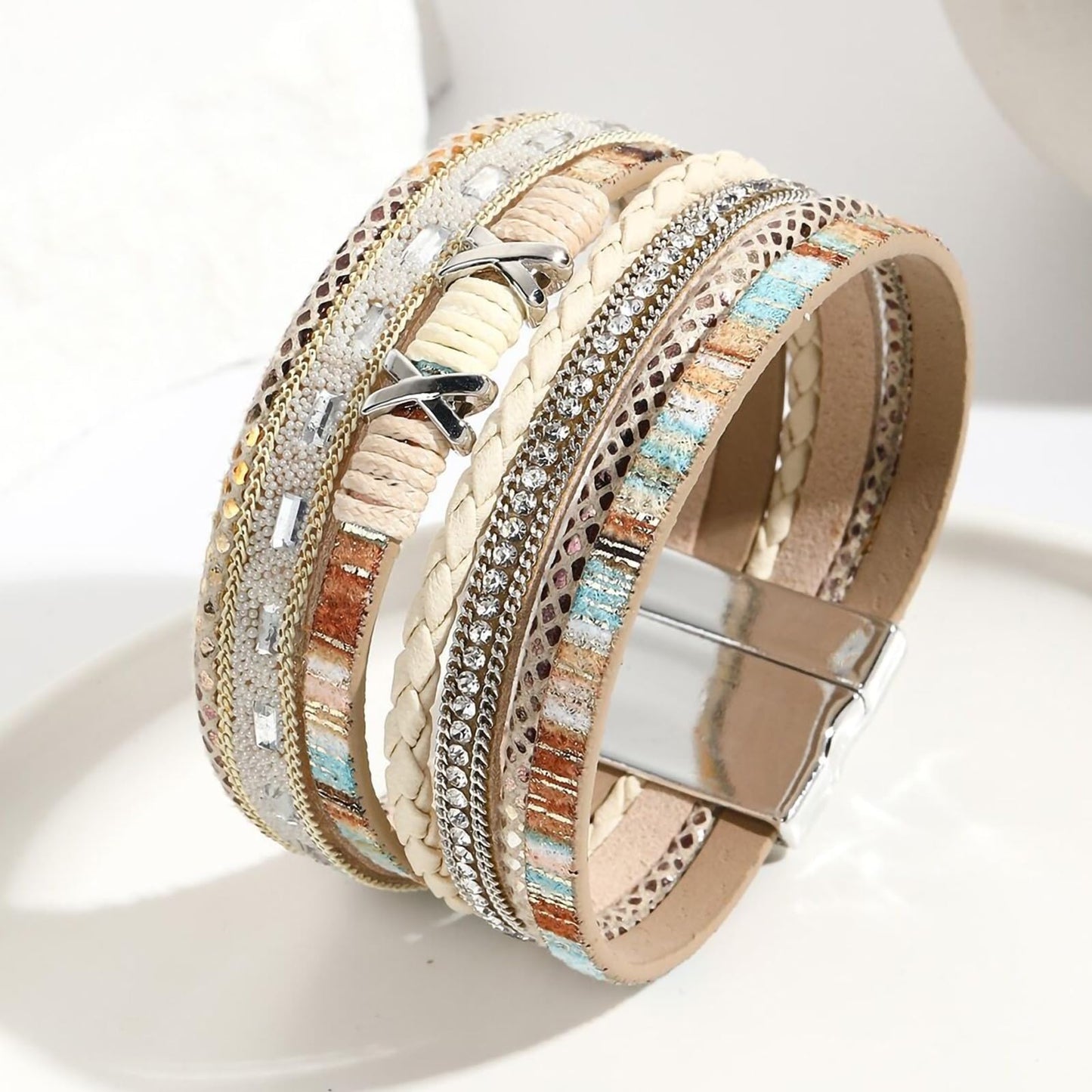 Leopard Bracelet for Women, Boho Leather Wrap Multi-Layer Pearl Crystal Bracelet Bangle Jewelry (Boho(Khaki))