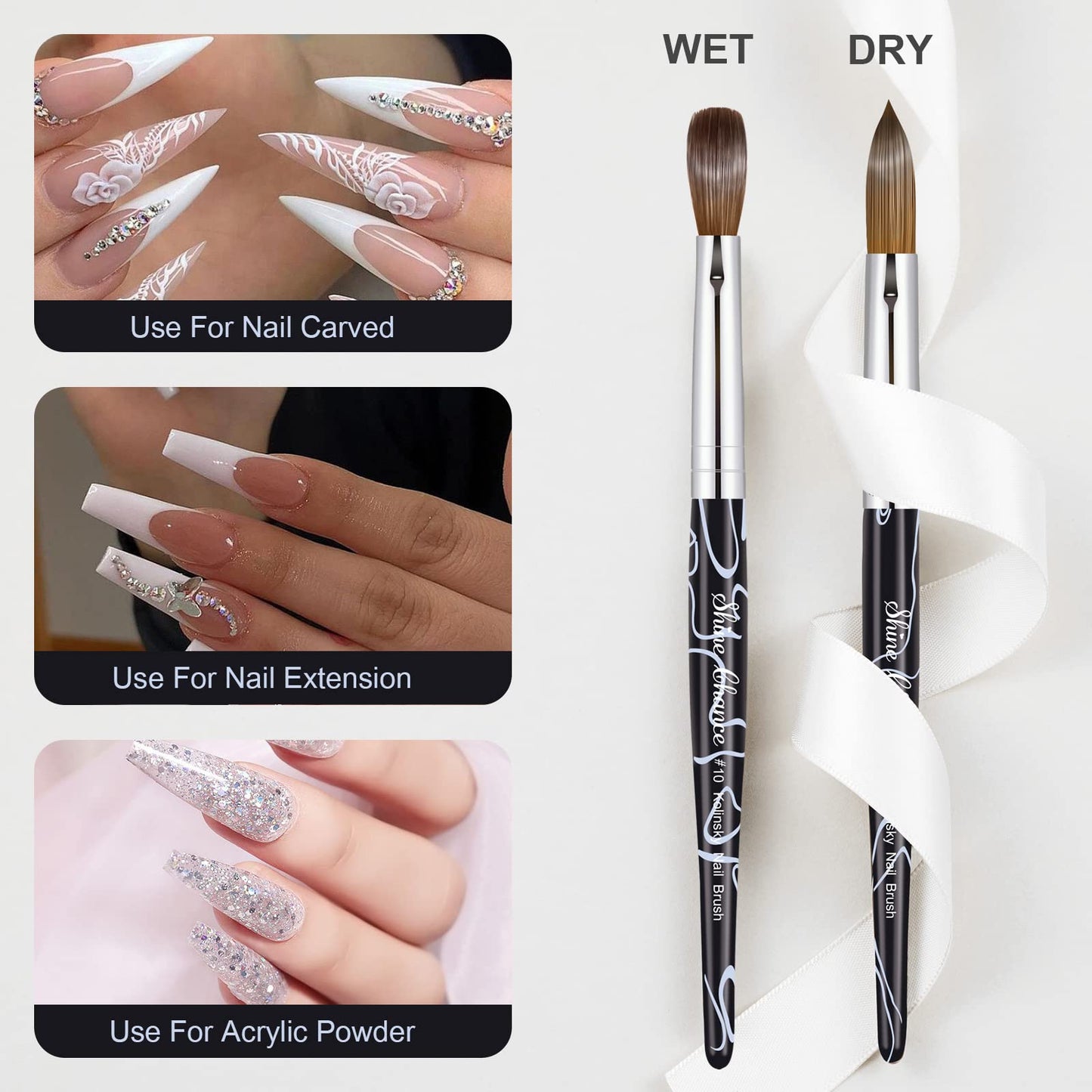 Shine Chance Acrylic Nail Art Brush Size 10, 100% Pure Kolinsky Hair Oval for Application, Professional Extension Manicure Tool Striping Drawing Pen DIY Home Salon, Black, 1.0 Count