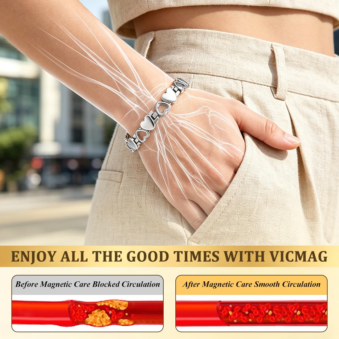 Vicmag Magnetic Bracelet for Women, Titanium Steel Bracelet with Ultra Strength Magnets, Waterproof & Adjustable, Jewelry Gift with Sizing Tool(Silver Heart)
