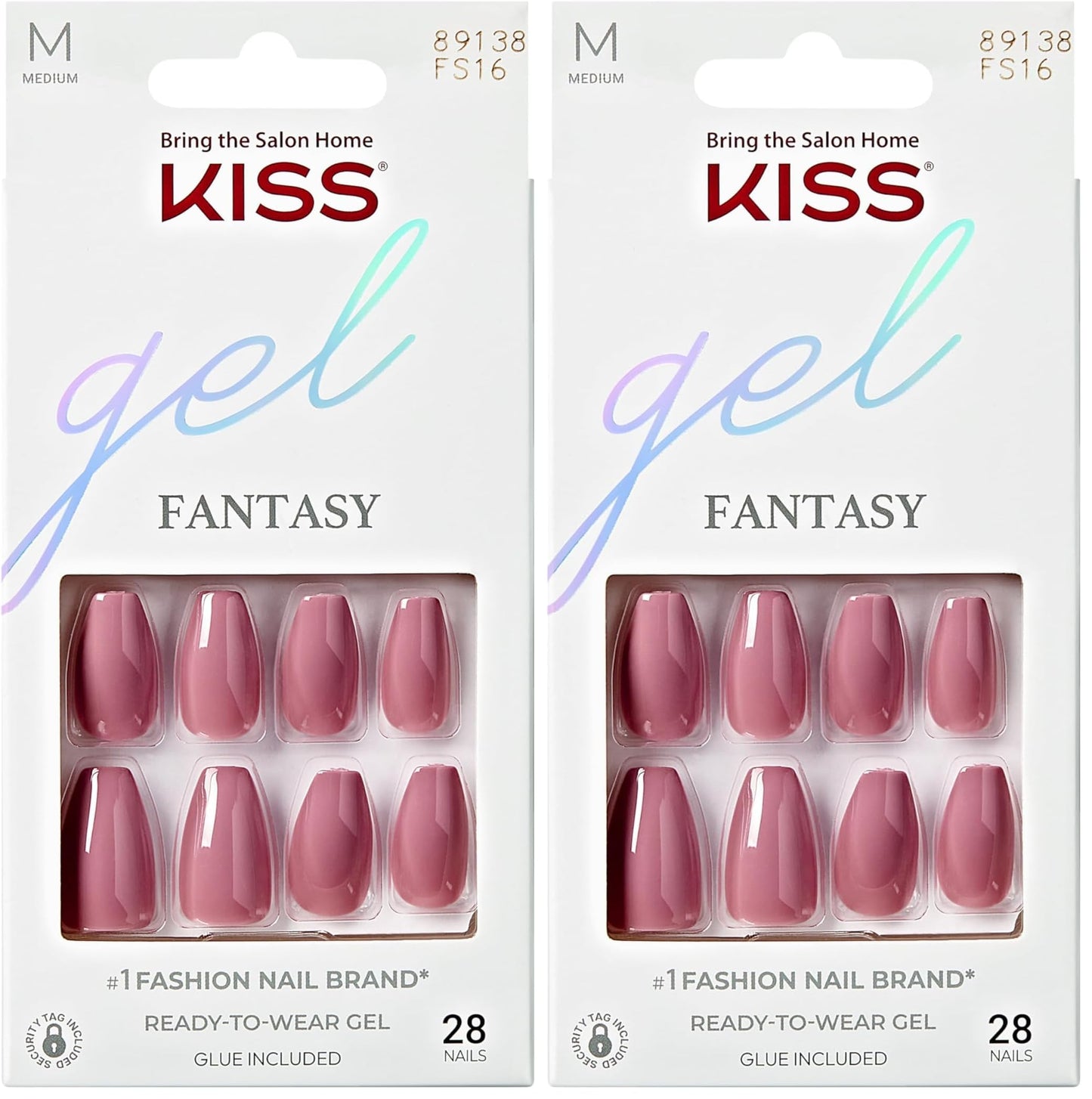 KISS Gel Fantasy Press On Nails, Nail glue included, Letter To Ur EX', Pink, Medium Size, Coffin Shape, Includes 28 Nails, 2g glue, 1 Manicure Stick, 1 Mini File (Pack of 2)
