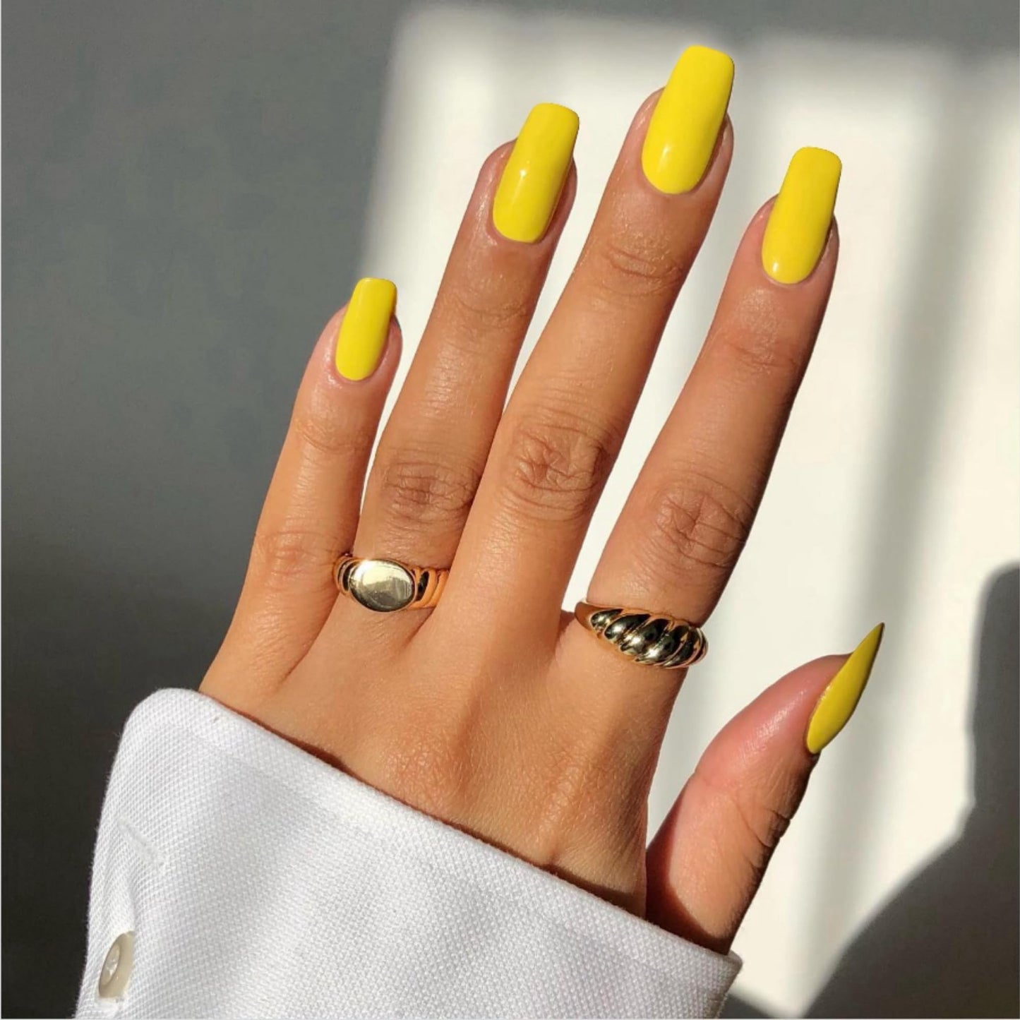 Yellow Press On Nails Medium Long Square, Xcreando Medium Coffin Nails Acrylic Nails Press ons Glue on Nails Medium Length, Solid Color Fake Nails for Women, Natural Thick Artificial Nails Stick on