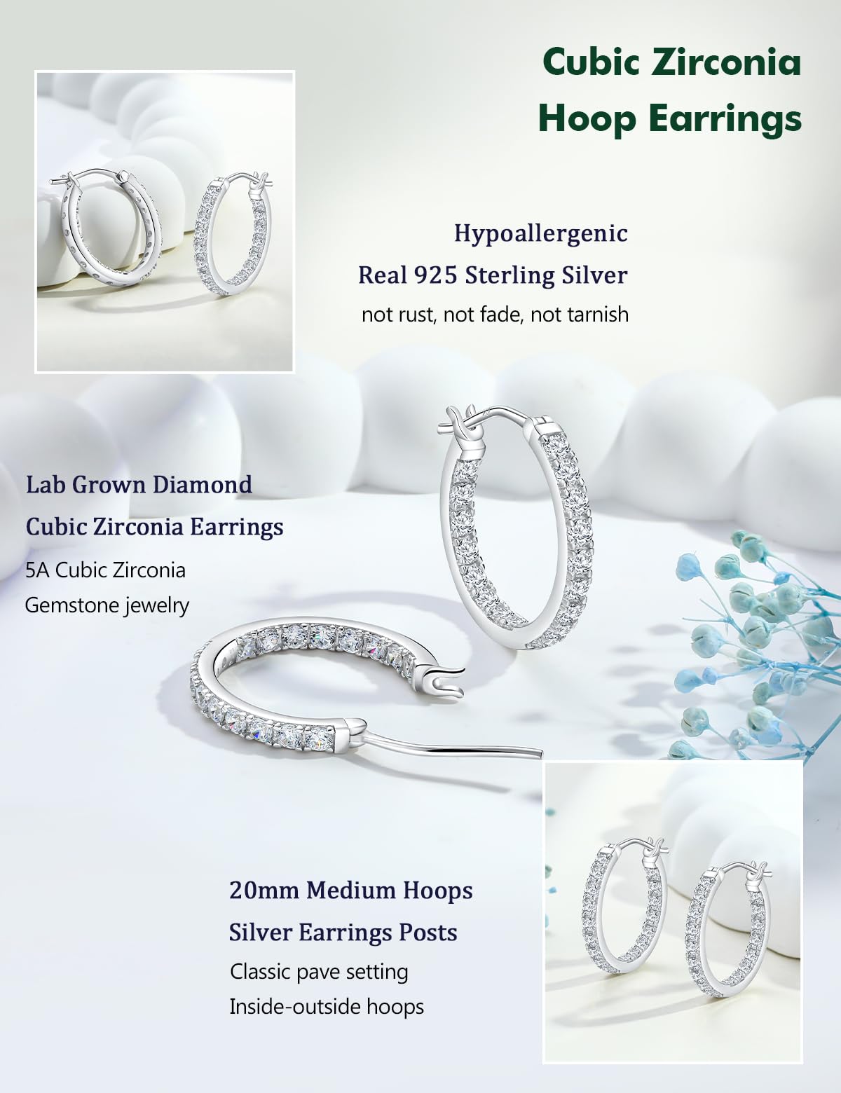 RANDES 925 Sterling Silver Hoop Earrings 20mm Cubic Zirconia Cz Earring Hoops for Women Trendy 2.5 Carat Round Cubic Zirconia Wedding Earrings