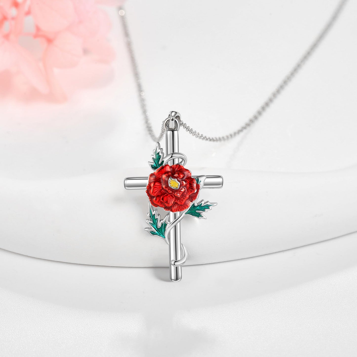 JERWLI Marigold Necklace 925 Sterling Silver Marigold Cross Pendant Necklace October Birth Flower Jewelry for Women