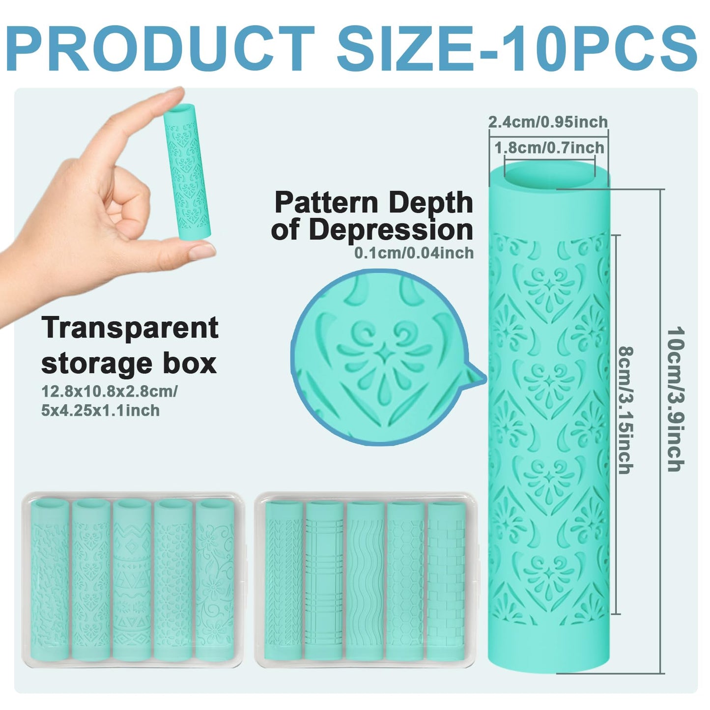 ACRNIGHEET 10 Pcs Polymer Clay Texture Roller, Embossing Rollers Pottery Stamp, Like Texture Sheets Work with Polymer Clay Cutters, Clays Jewelry Making Kit with Storage Box