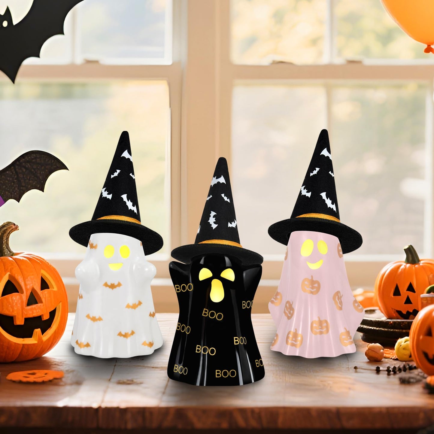 Byrita Halloween Decorations Indoor, Set of 3 Ceramic Halloween Ghosts with Witch Hats, Cute Spooky Lighted Decor Ghost Figurines Witch Hat Scary Pumpkin Bats Boo for Home Mantel Shelf Table Decor