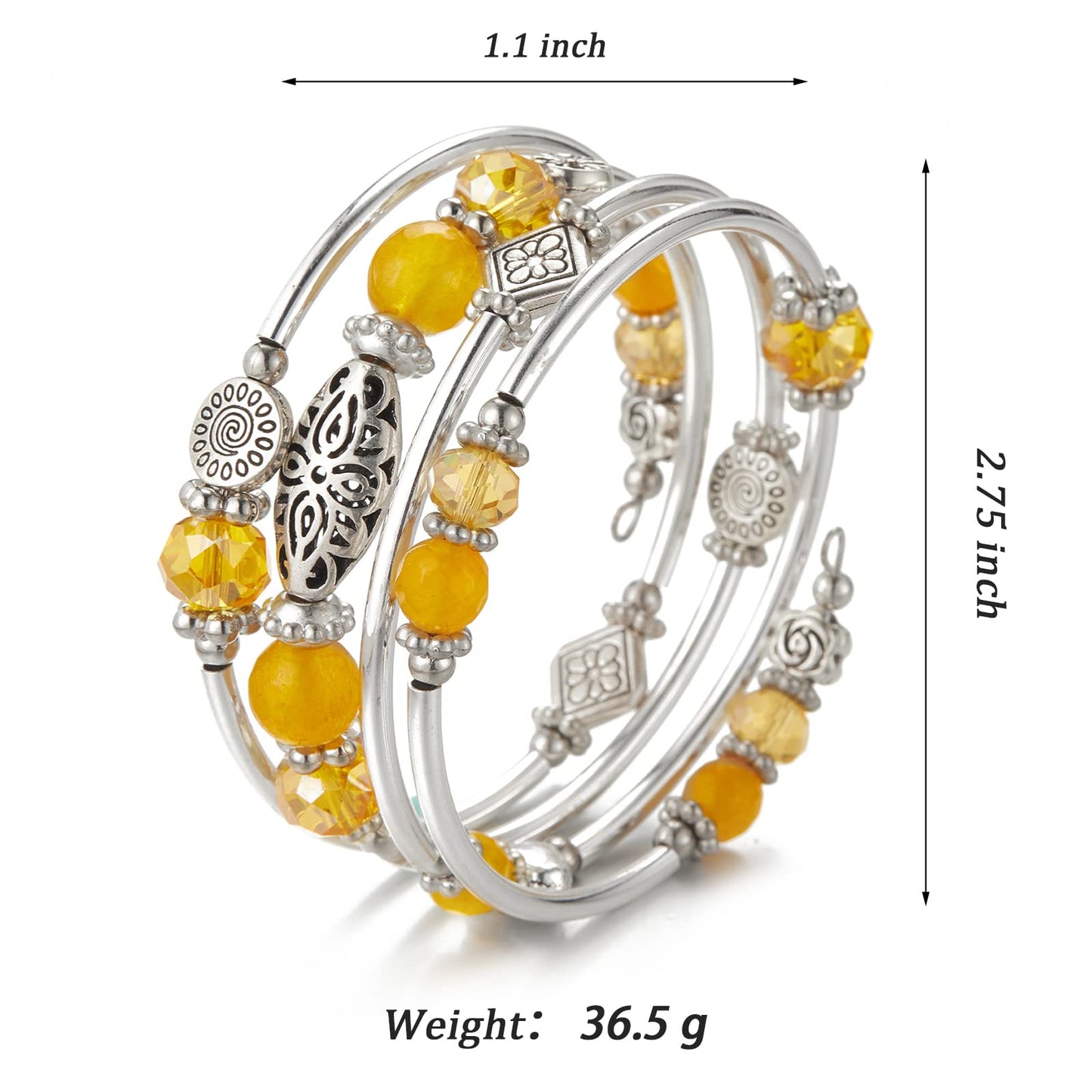 FULU AUTUMN Stackable Beaded Bracelets for Women Boho Wrap Silver Bracelet Layered Fashion Jewelry Gifts for Her(Yellow)