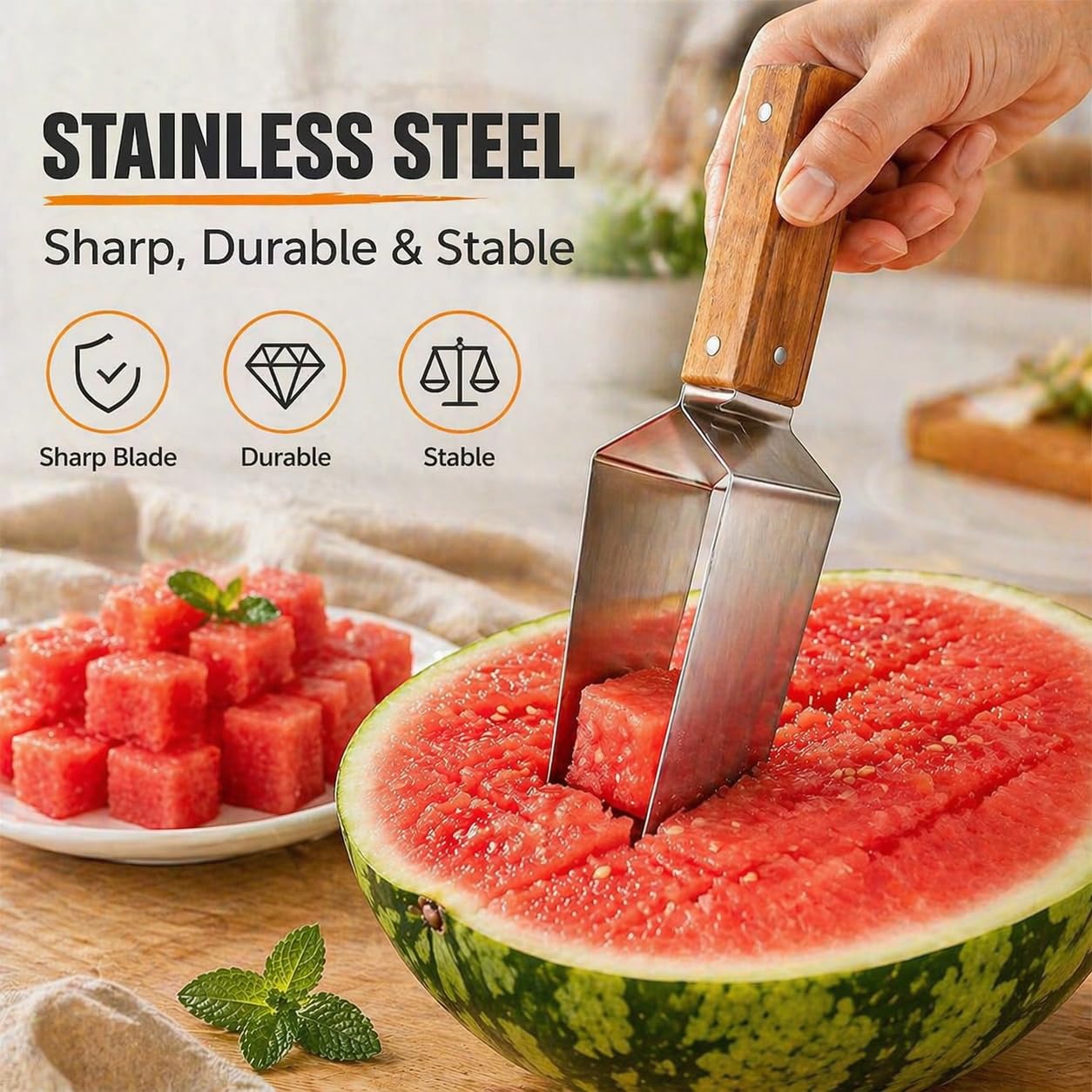 Stainless Steel Watermelon Slicer, Triangle Watermelon Cutter with Wooden Handle, Multi-Use Kitchen Fruit Cutter Tool for Watermelon, Cantaloupe, Honeydew, Apples and More (1Pcs)