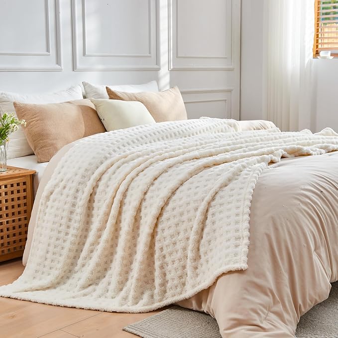 NEWCOSPLAY Super Soft King Blanket Ivory Premium Silky Flannel Fleece 3D Waffle Checkered Lightweight Bed Blanket All Season Use (Ivory, King(90"x110"))