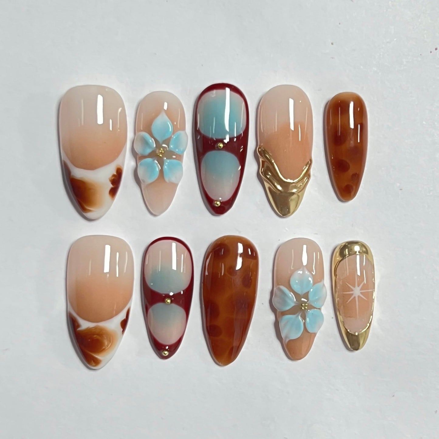 Medium Press on Nails Almond - Handmade Fake Nails with Flower Gold Line Deisgn - Ombre Brown False Nails Fall Nails Press ons for Women - (Size S)