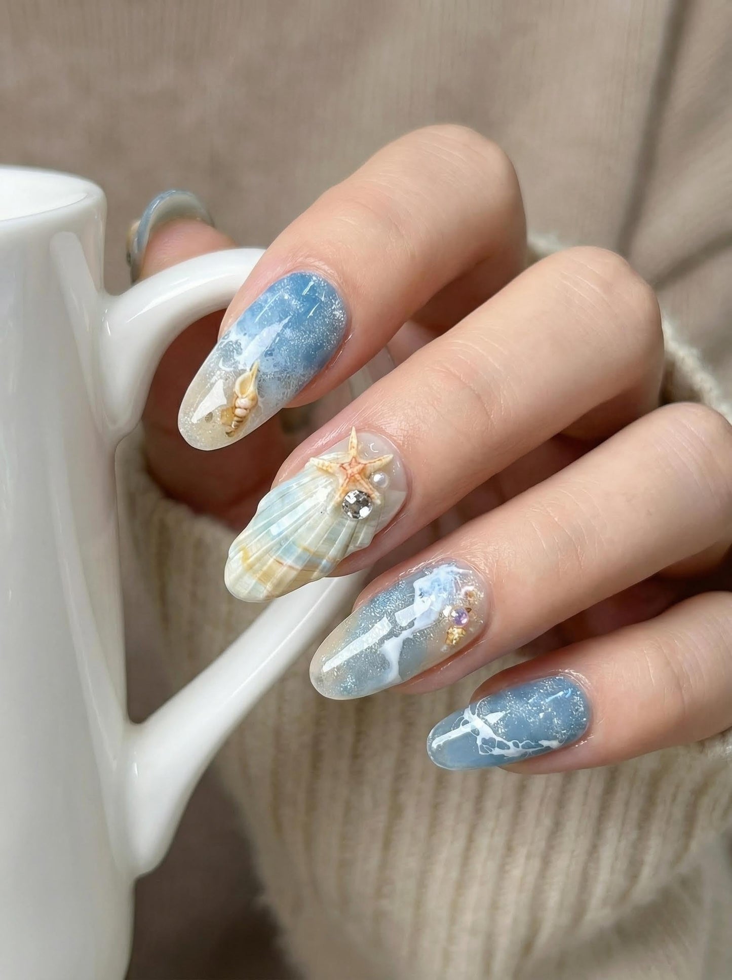 Thrivingbyday 30pcs Reusable Fake Nails,Ocean Theme Press on Nails, Starfish & Seashell 3D Design, Blue Marble & Sandy Texture, Full Cover False Nails with Glue and Adhesive Tabs, Easy to Apply
