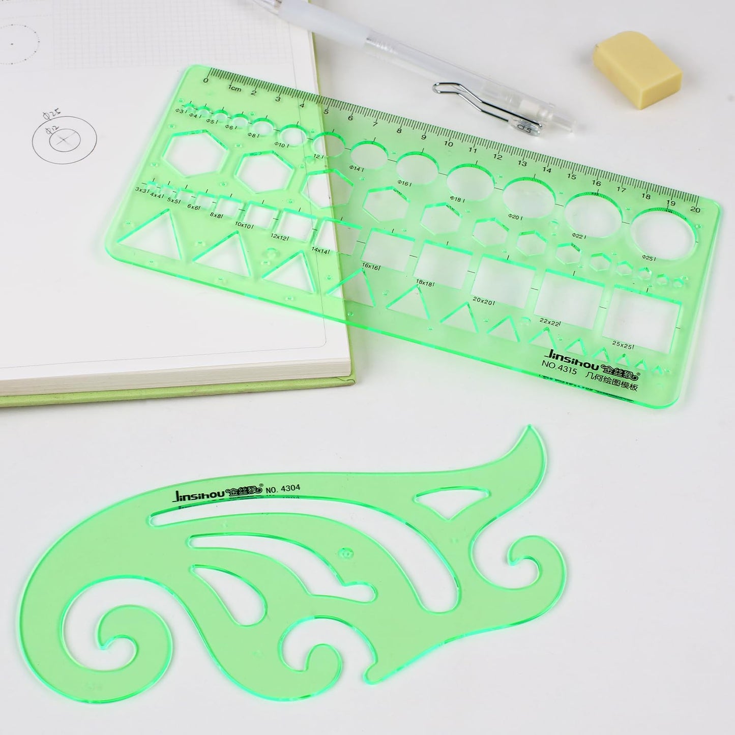 11PCS Geometric Drawings Templates, Drafting Stencils Measuring Tools, Transparent Green Plastic Ruler, for Architecture, Office, Studying, Designing