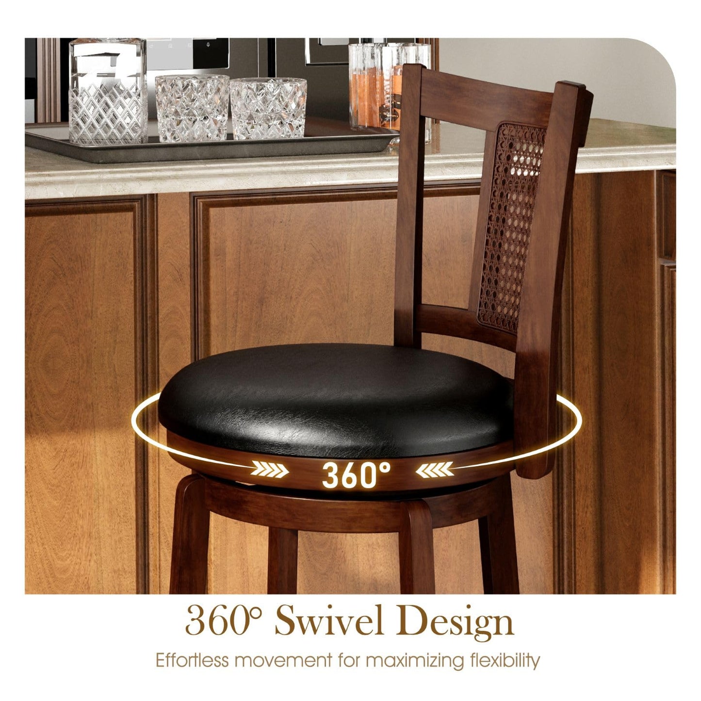Sophia & William Swivel Bar Stools Set of 6, Bar Height Barstools with Backrest & Solid Wood Legs, Brown Faux Leather Kitchen Stools, 30 Inch