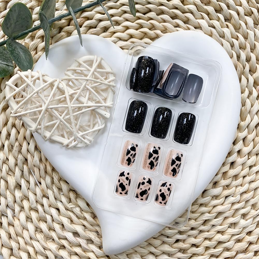 Black Press on Nails Short Square Fake Nails Full Cover False Nails with Gel Glossy Glue on Nails Cute Acrylic Stick on Nails Reusable Artificial Nails for Women Manicure 24 Pcs