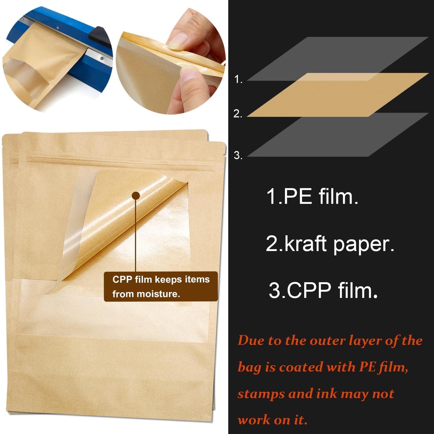 Blisstime Stand Up Pouches, 50 Pack Kraft Paper Bags with Matte Window and Tear Notch Resealable Bags for Small Business Home Use (4.8 x 6.5 Inches)
