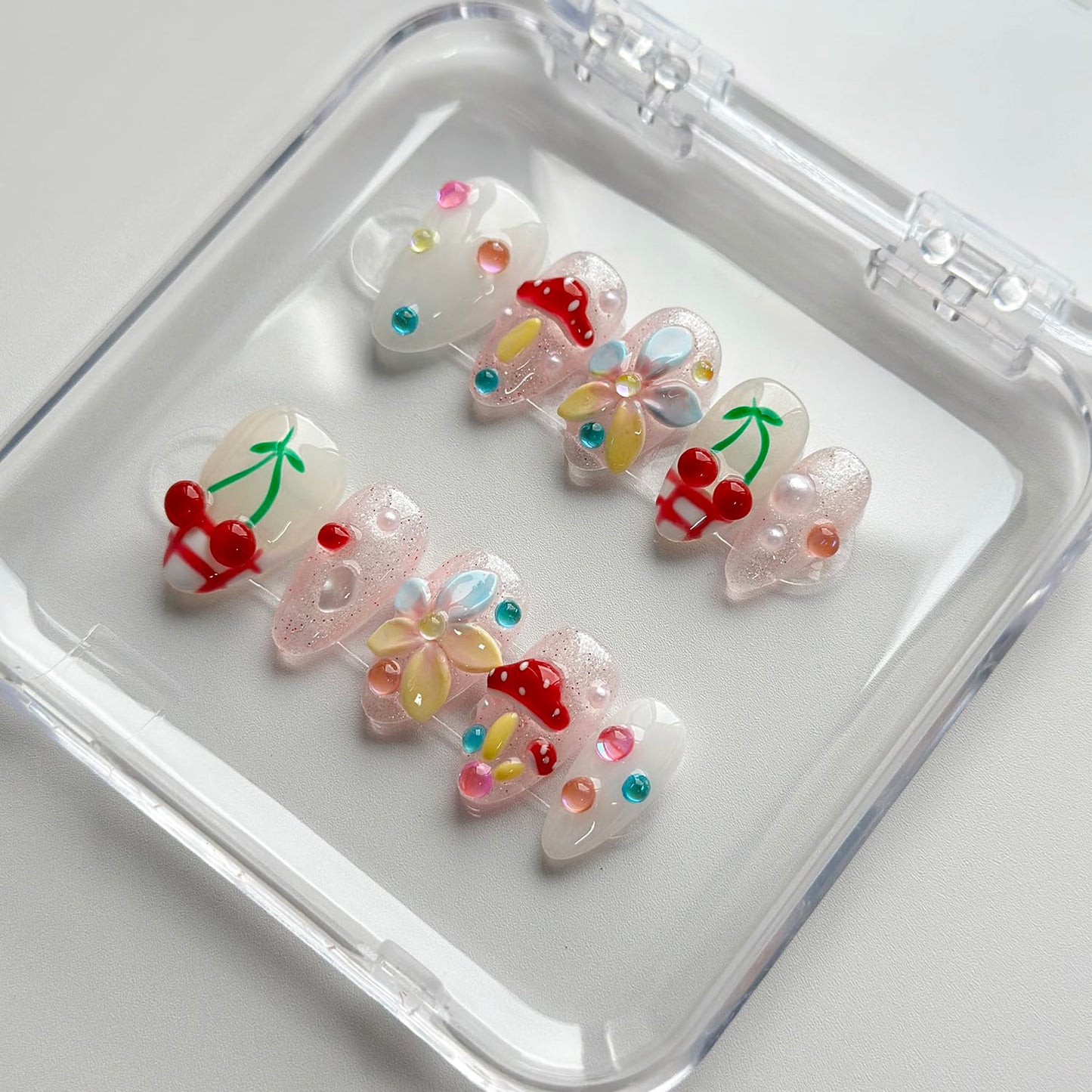 Luxury Press on Nails Short Almond Handmade 3D Unique Reusable ABS Material Fake Nails French Tip False Nails with Designs Mushroom Flower Glitter Glossy Glue on Nail Thick Acrylic Nail(S)