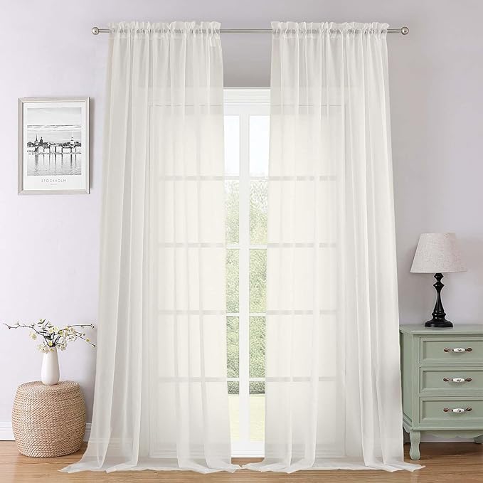 Lecloud Ivory Sheer Curtains 102 Inches Long 2 Pcs, Rod Pockets Light Filtering Bedroom Curtains for Living Room, Voile Window Drapes for Dining Room Patio Sliding Door, Each Panel 59" W x 102" L