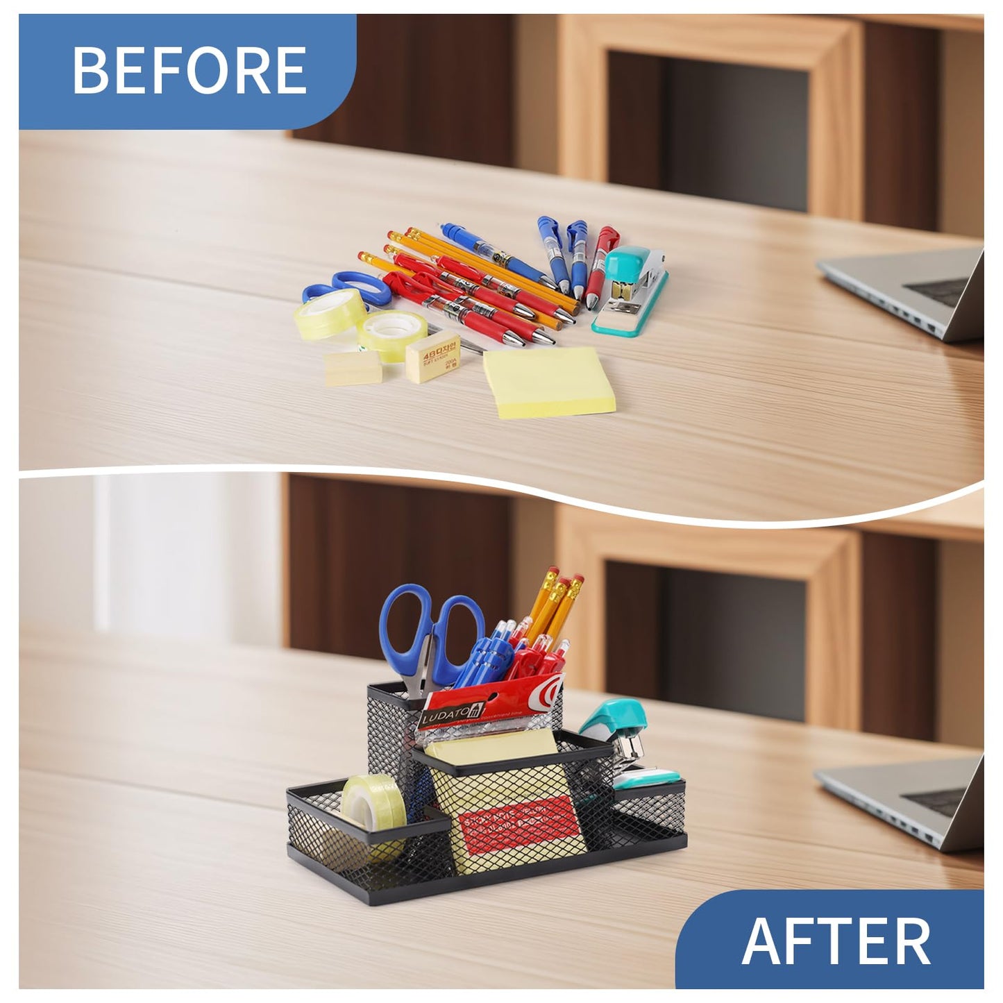 Ludato Desk Organizers Pen Holder for Desk, 4 Compartments Black Mesh Pen Holder Storage for Office Desk Accessories