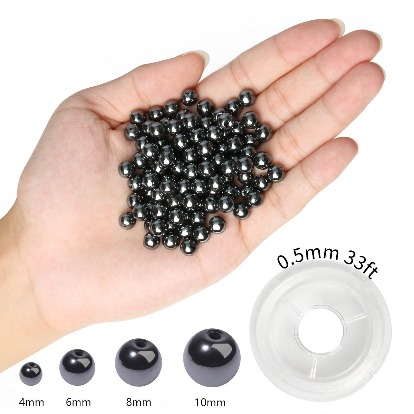 NITOPUPU 100Pcs 8mm Natural Smooth Black Hematite Beads Round Loose Stone Beads for Jewerly Making with Crystal Stretch Cord