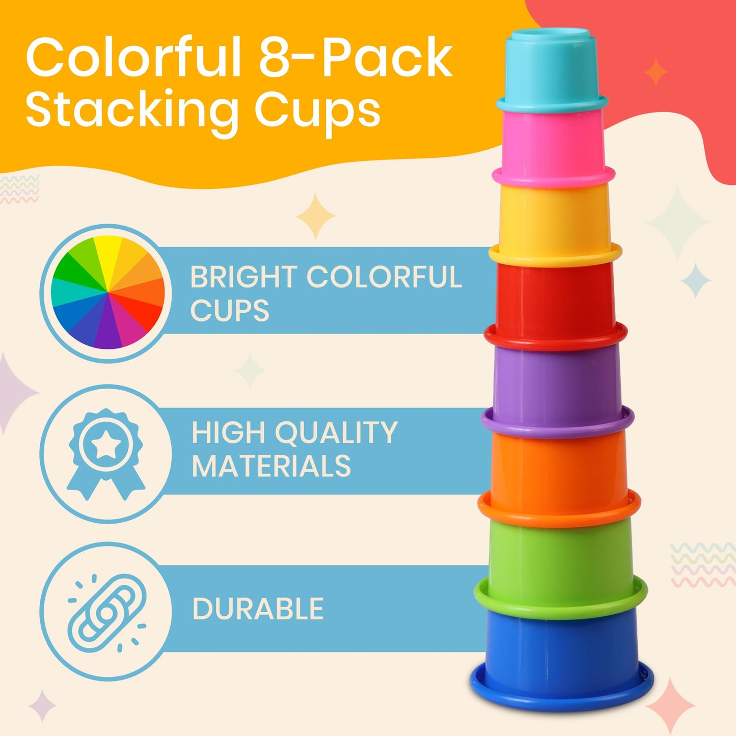 Stacking Cups Baby Toy Educational Cup Stacking Set 8-Pc Rainbow Stackable Cups | Nesting Cups for Babies 6-12 Months | Stacking Cups for Toddlers 1-3 Perfect for Indoor/Outdoor, Rainbow (8Pcs)