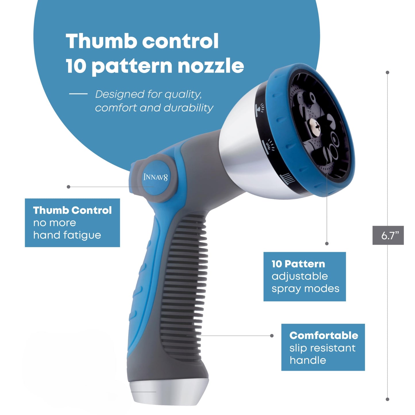 INNAV8 Garden Hose Nozzle Heavy Duty - Features 10 Spray Patterns, THUMB CONTROL On Off Valve Hose Sprayer Nozzle for Easy Water Control - Outdoor Water Hose Nozzle Head Attachment