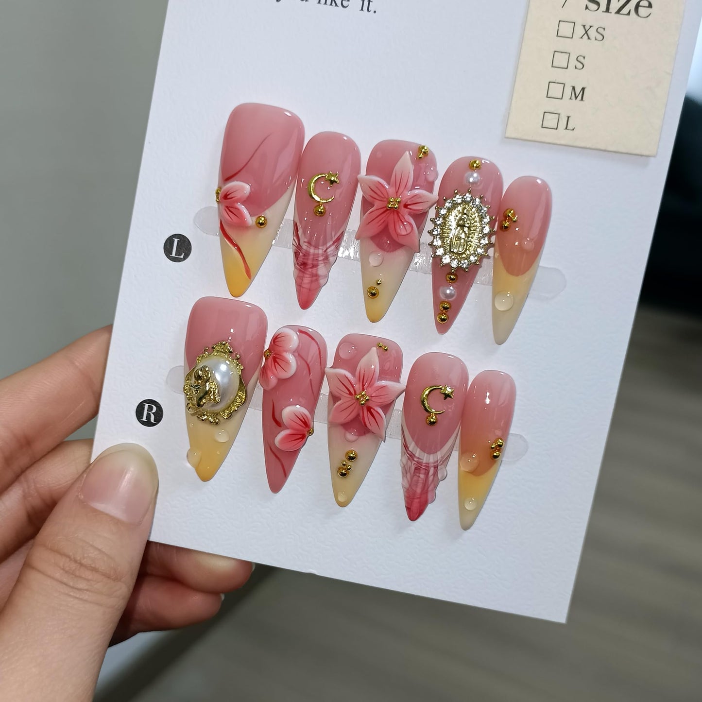 TENPAL Handmade Press on Nails Long Stiletto,Coral Orange Blushing French Tips Fake Nails with 3D Floral Waterdrops,Royal Baroque False Nails with Tools,Luxury Handmade Nails for Special Events(S)