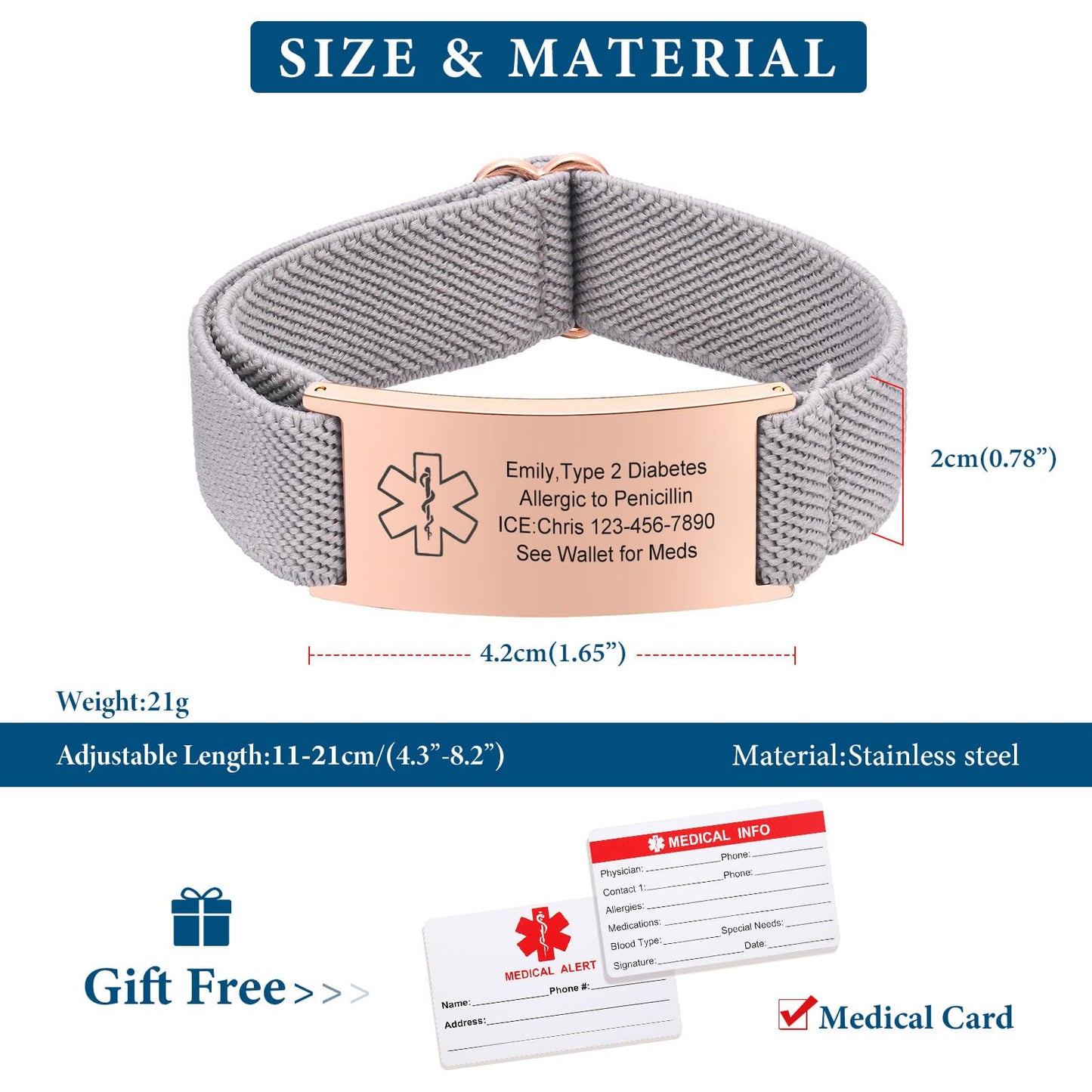 VNOX Medical Alert Id Bracelet for Women, Type 2 Diabetes Medical Alert Bracelets for Women Men Patients Stainless Steel Emergency Bracelets Wristband