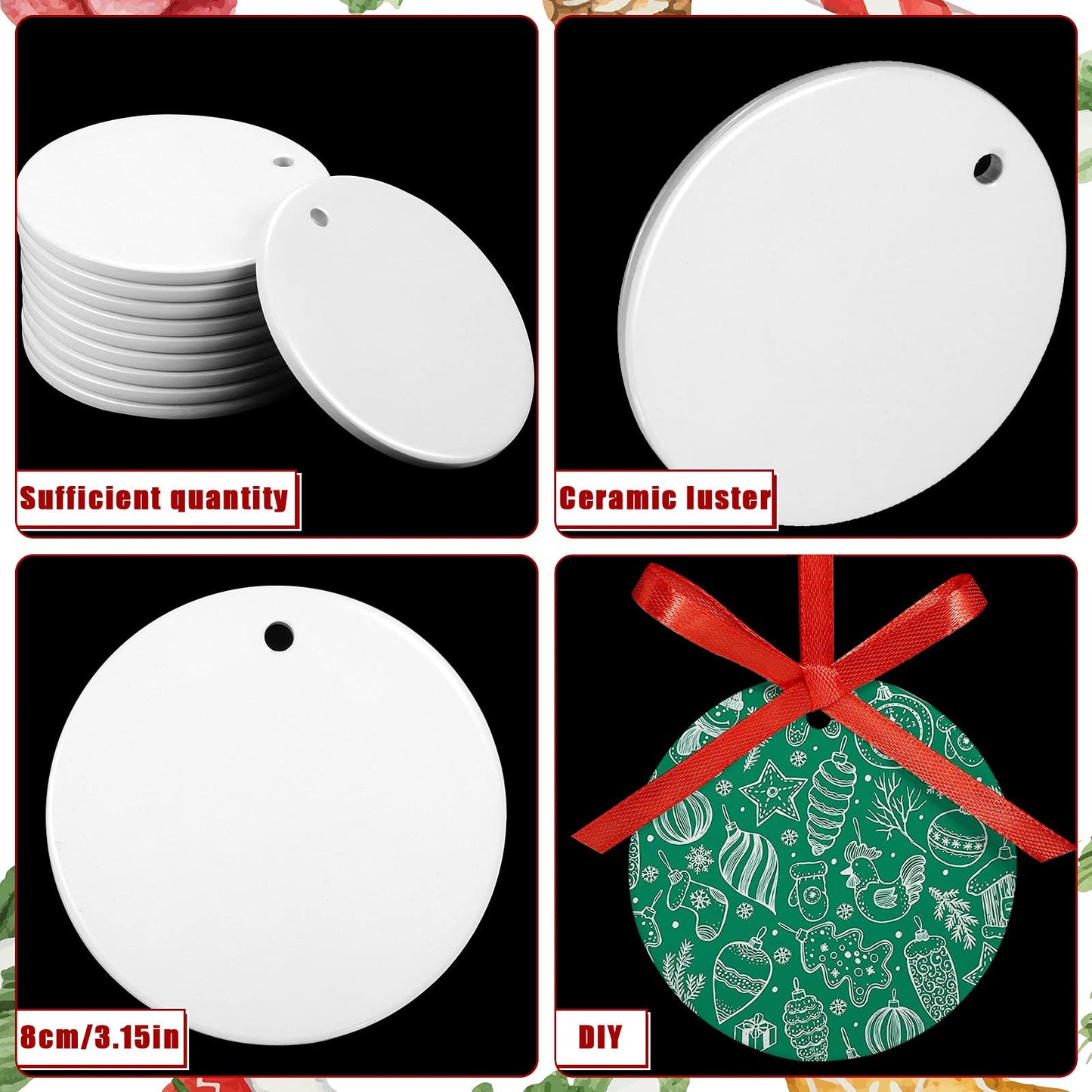 Patelai 15 Pieces Christmas Sublimation Ceramic Ornaments 3.15 Inch Round White Ceramic Christmas Ornaments DIY Blanks with Red Satin Ribbon Decoration