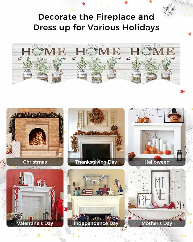 Eucalyptus Leaves Fireplace Mantel Scarf Table Runner, Farmhouse Botanical Plants Wooden Grain Winter Garland Mantel Top Tablerunners Dresser Scarves Decor for Windows Party Living Room 60''x17''