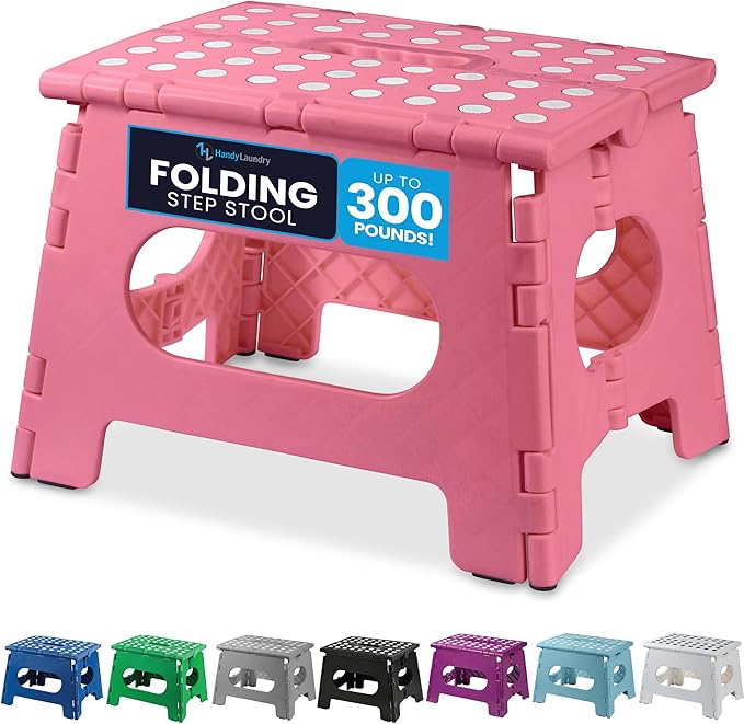 Handy Laundry Folding Lightweight Step Stool - Sturdy Enough to Support Adults and Safe Enough for Kids - Opens Easy with One Flip - Great for Kitchen, Bathroom or Bedroom (Pink - 9 Inch)