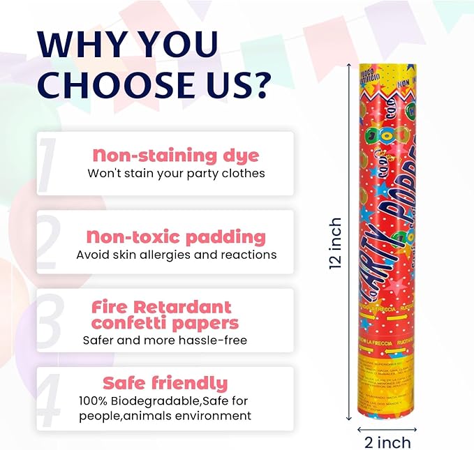 Confetti Cannon 12Inch Multicolor confetti popper party streamer Biodegradable 12Pack Party Popper Streamer Shooters for Weddings Birthdays Graduations Baby Showers Christmas New Year Celebrations