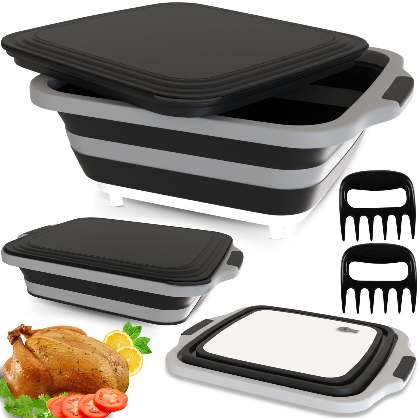 MAYALEAD BBQ Prep Tub with 2 Pcs Meat Shredder Claws, Collapsible Cutting Board, Cutting Board with Locking Lids, Drip Easy BBQ Prep Tub with lid-XL Size (Black)