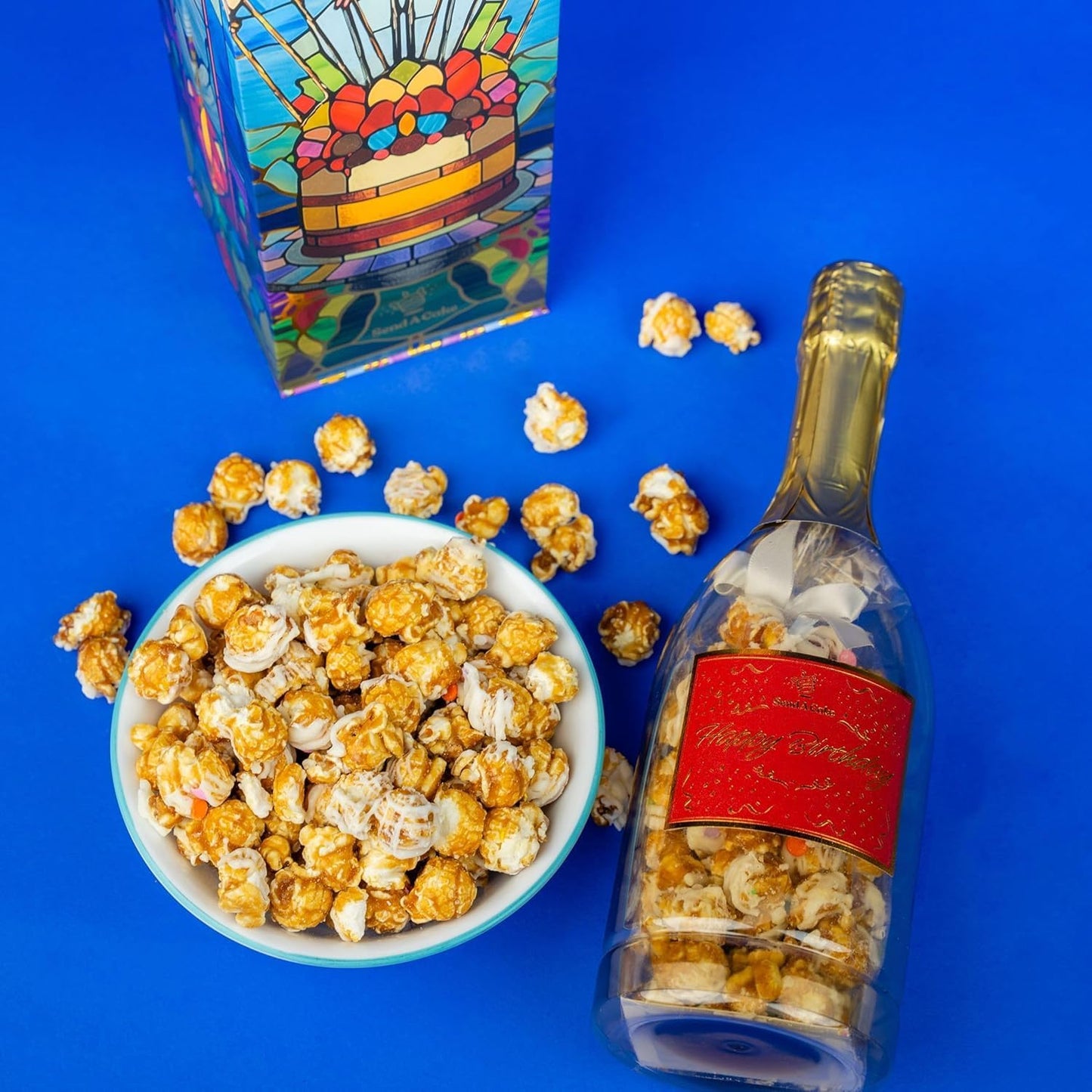 Birthday Bubble Box with Caramel White Chocolate Popcorn by Send A Cake, Ready to Gift, No Assembly Required - Happy Birthday Surprise - Unique Gift for Women, Men, Adult, Kids