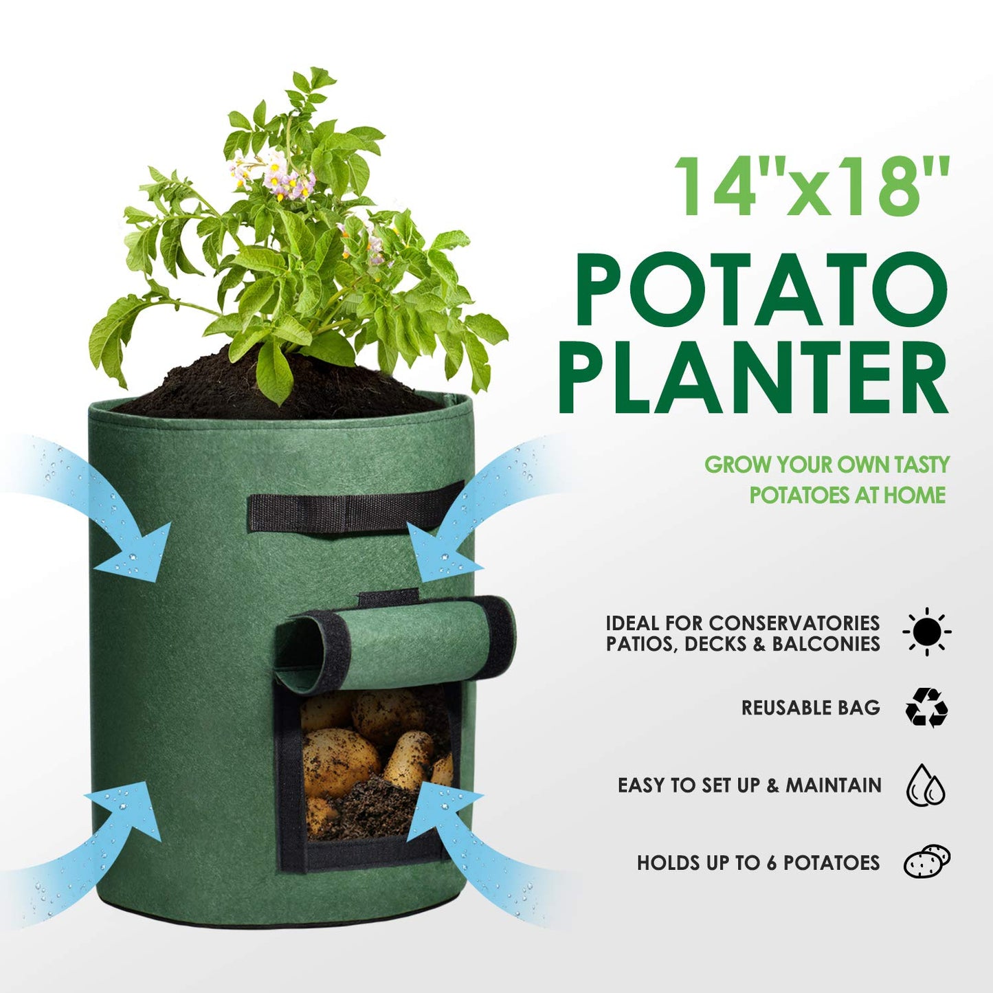 Delxo 5 Pack 10 Gallon Potato Grow Bags, Garden Planting Growing Bag with Flap, Double Layer Breathable Nonwoven Cloth for Potatoes/Planter/Vegetable/Tomato Fabric Pots with Handles Green
