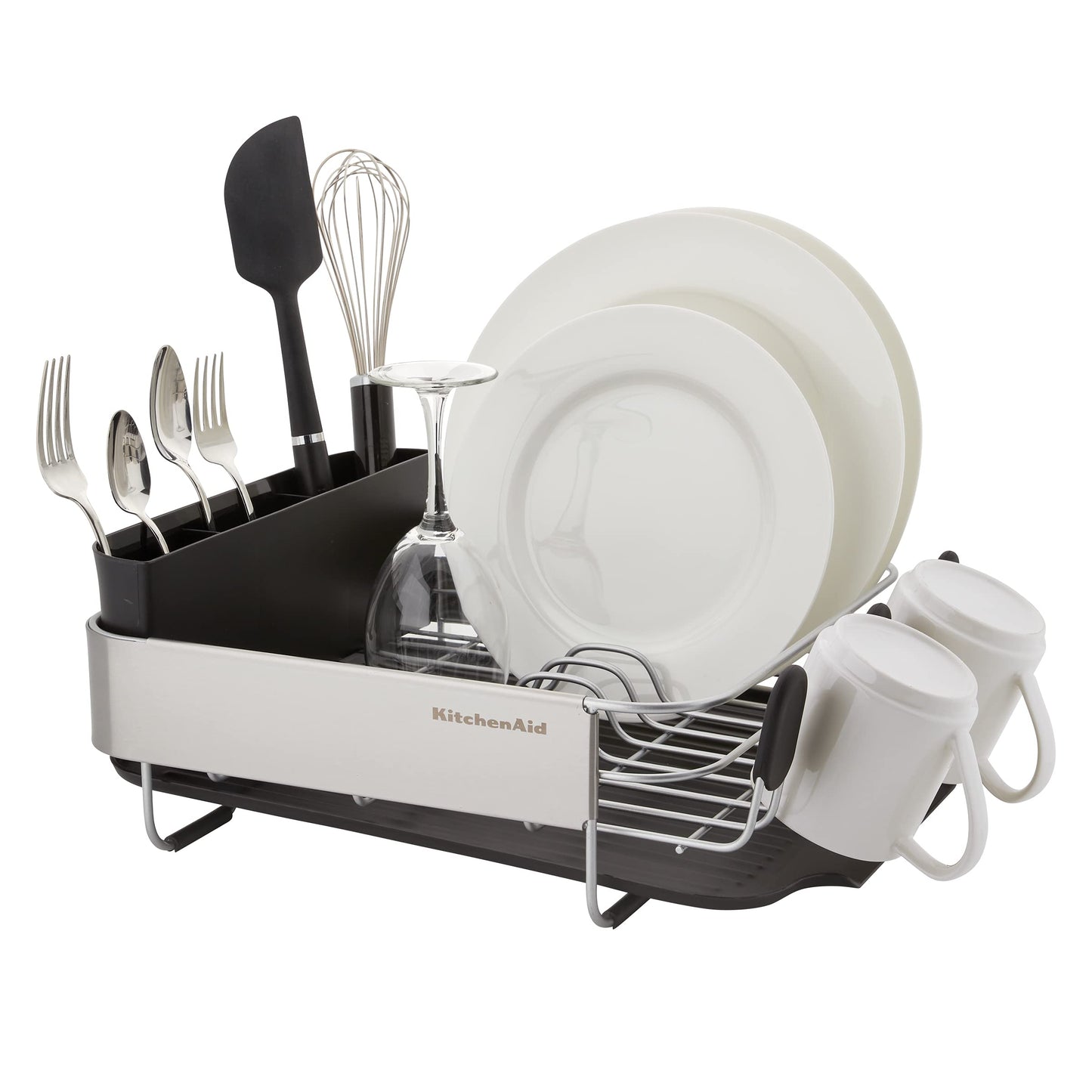 KitchenAid Compact, Space Saving Rust Resistant Dish Rack with Removable Flatware Caddy and Angled Self Draining Drainboard, 16.06-Inch, Black
