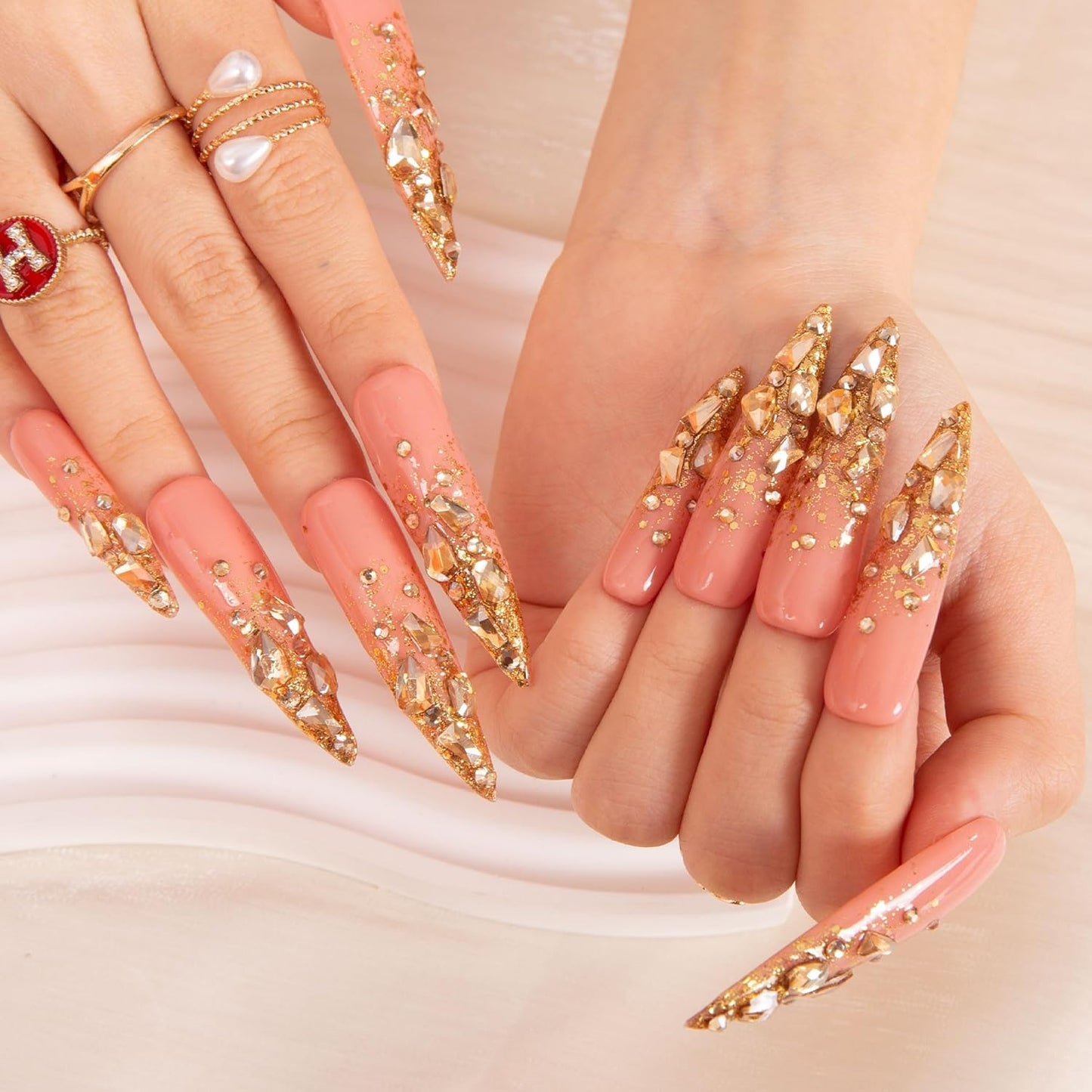 LOVFUL Reusable Press on Nails | Stardust Gold Rhinestone | Salon Quality Sustainable Style Handmade with Full Covered Crystals | Stiletto Long 2.2 in | H84-L