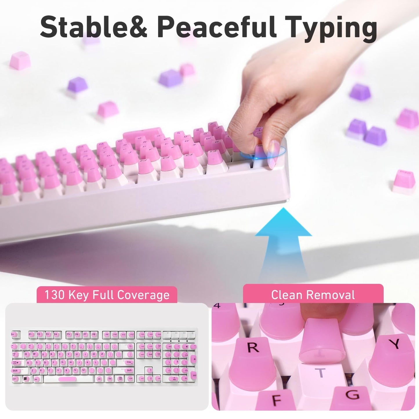 130 Pcs Keyboard Stickers for Long Nails, Ergonomics Raised Keyboard Stickers with Numbers, Self-Adhesive Round-Square PC Keyboard Tabs for Anti-Miss Typing (Pink)