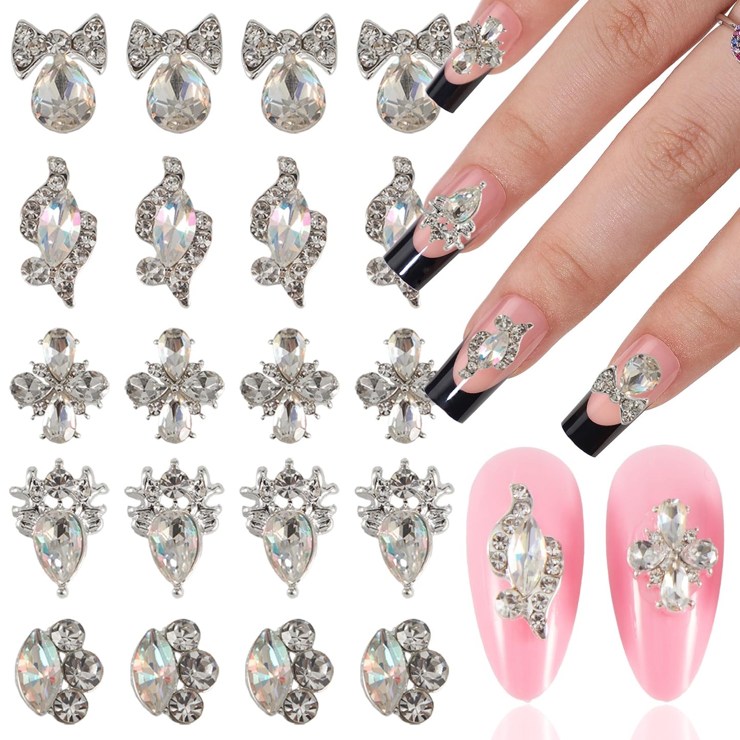 SILPECWEE 20pcs Nail Rhinestone and Charms, AB Glass Crystal for Nails 3D Flat-Back Nail Gems Silver Alloy Nail Jewelry Studs Diamond Nail Art Decoration for Nails Supplies