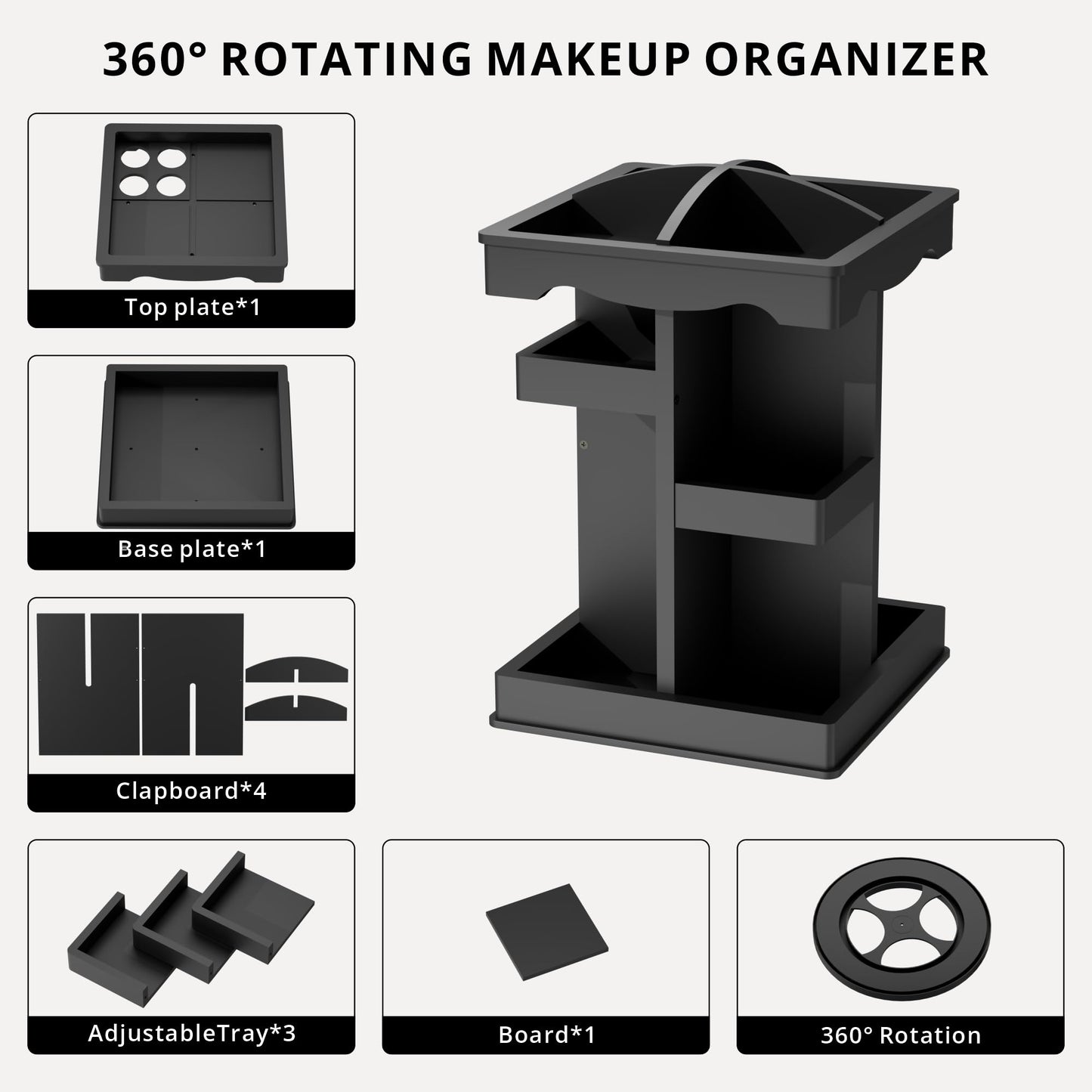 Rotating Cologne Organizer for Men, 3 Tier Wood Cologne Holder Stand with Brush Storage, 360 Spinning Perfume Display Shelf for men's Vanity, Multi-Layer Bathroom Organizers and Storage, Black