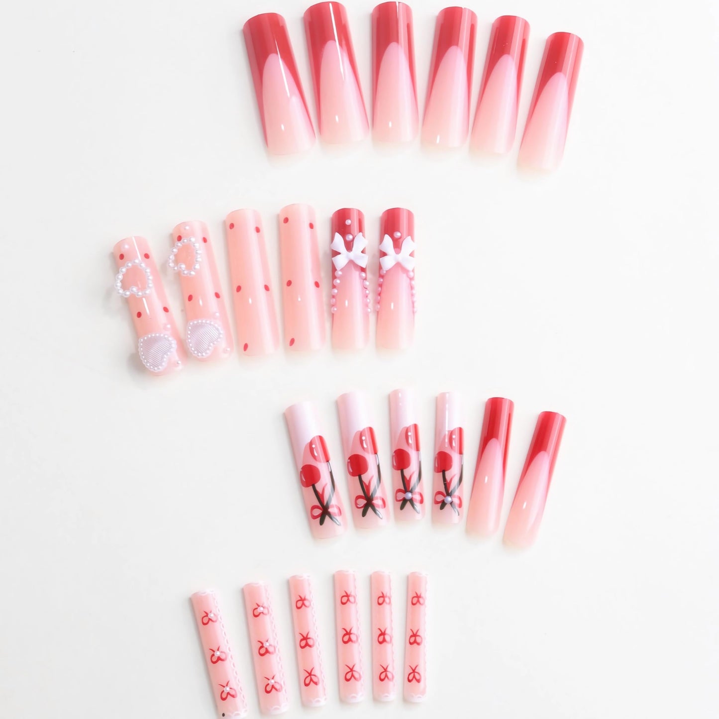 BABALAL Long Square Press on Nails, Red French Tip Heart Bow Charm Cute Cherry Glossy Acrylic Nails Squoval Glue on Nails 24 Pieces
