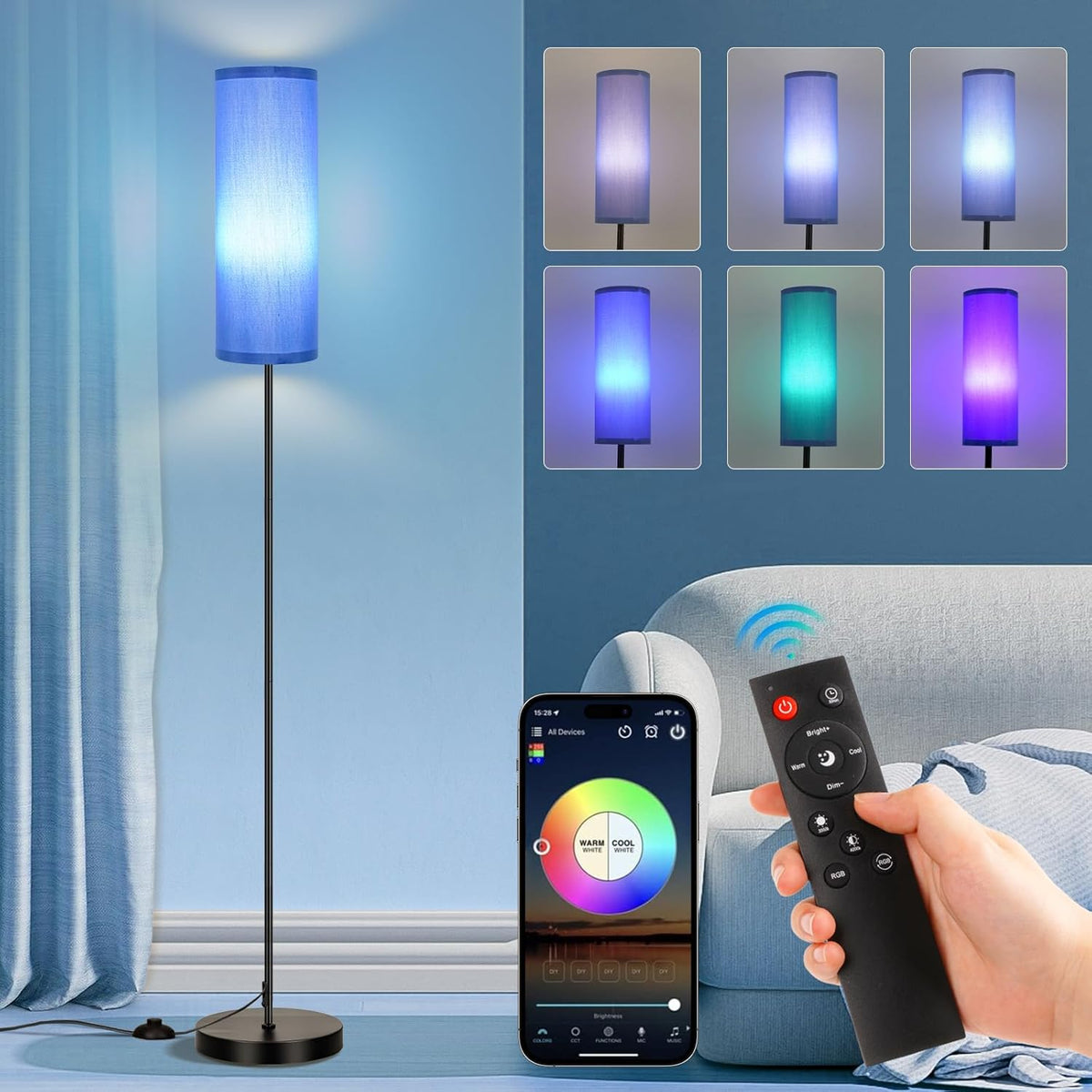 FRIDEKO HOME Floor Lamps for Living Room Bedroom, Dimmable 3 Colors Temperature & Brightness, Tall Standing Lamps, Corner Lamp with Multicolor, 800LM, 9W RGB LED Bulb, Navy Blue Shade